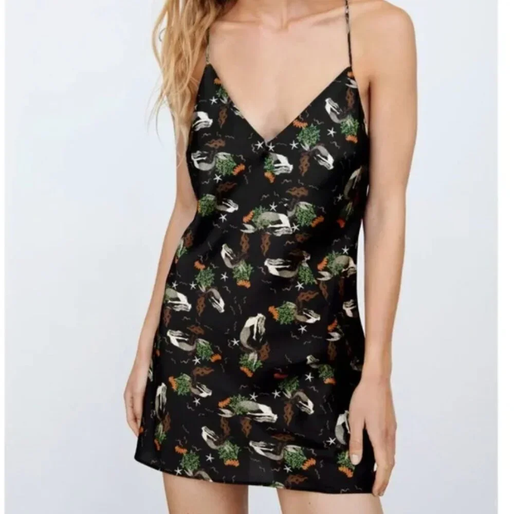 ZARA Mermaid Black Satin Tie Back Mini Slip Dress Size Medium - Picture 3 of 13